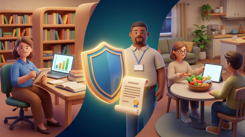 Illustration representing a dietitian's role in training, regulation, and supporting families with nutrition