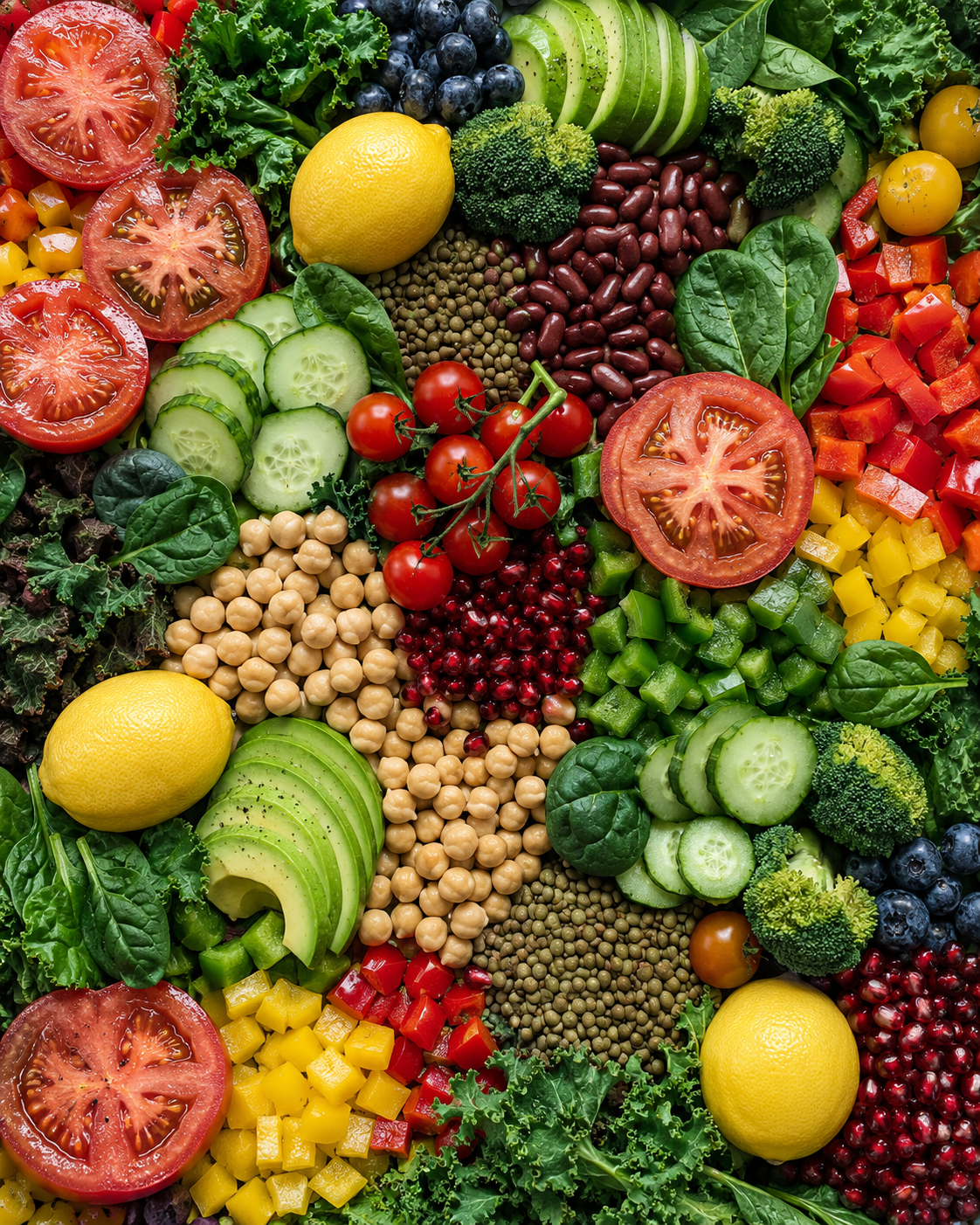 Colourful array of fresh vegetables, fruit, and legumes representing a healthy, Mediterranean-style diet