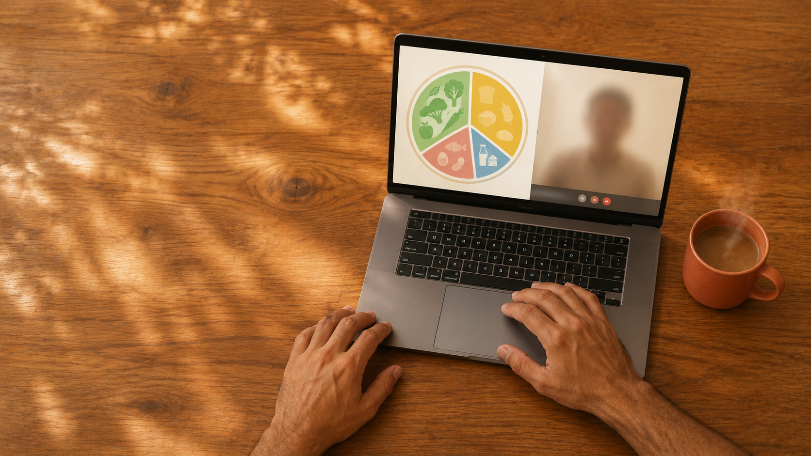Person on a video call viewing a nutrition plate diagram, representing a virtual dietitian consultation